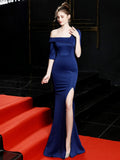 Navy Blue One Shoulder Evening Dress Half Sleeves Sexy Evening Party Dress Mermaid Robe De Soriee Stretches Fabric Prom Gown Red