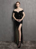 Sexy Backless Off Shoulder Evening Dress Slim Slash Neck Sequins Formal Party Gown Side Split Women Vestidoes New