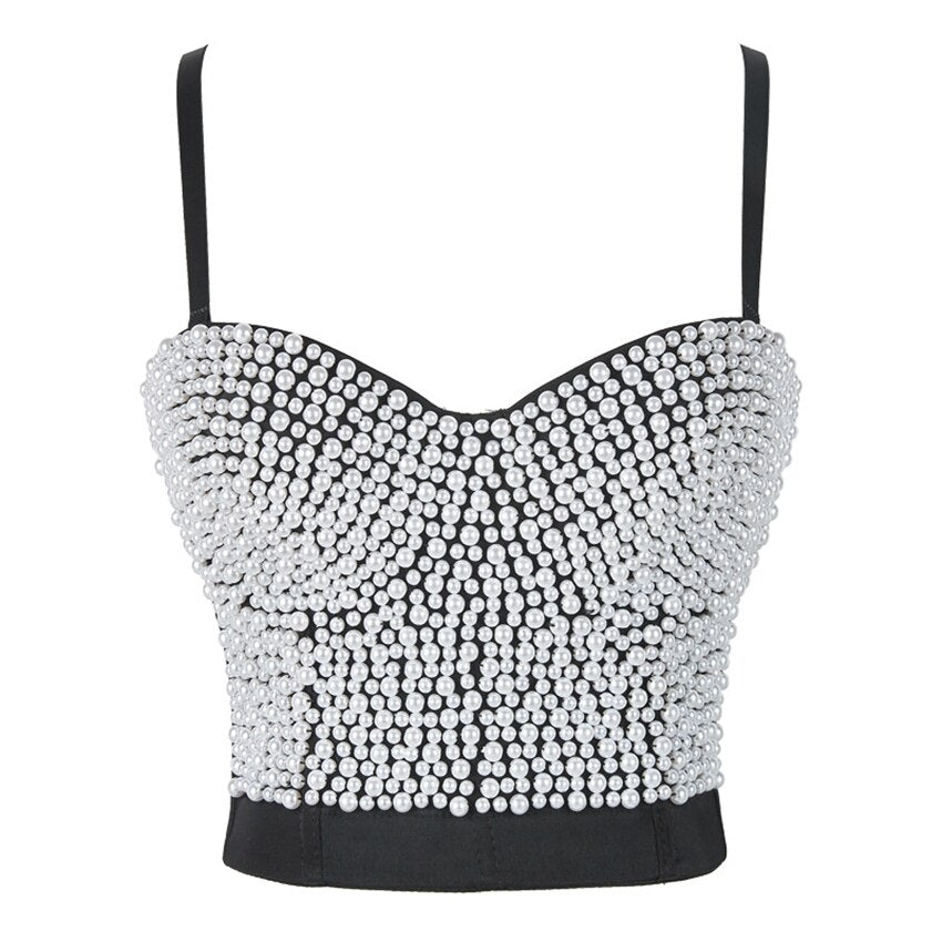Vintage Beading Pearl Push Up Sexy White Corset Tops Performance Crop Top To Wear Out Cami