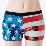 Sexy Club Dance Performance American US Flag Sequin Stars and Stripes Elastic Waist Stretchy Mini Women Summer Shorts