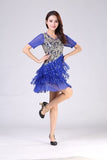 Plus Size 4XL Adult Lady Latin Dance Practice Dress V Neck Short Sleeve Sequin Metallic Fringe Dress