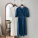Elegant Solid Color Women Casual Dress White Blue Vintage Tunic Midi Rockabilly Party Sundress V Neck Office Drawstring Clothing
