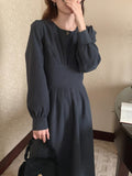 Gathered Elegant Vintage Dress Round Neck Long Sleeve A Line Casual Dress With Belt