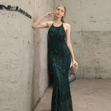 Sleeveless Tassels Evening Dress Halter-Neck Formal Dress For Women Backless Long Robe De Soriee Sequin Prom Mermaid Party Dress