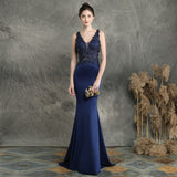 Navy Blue V-neck Appliques Beaded Long Evening Dress See through Elegant Evening Party Dress