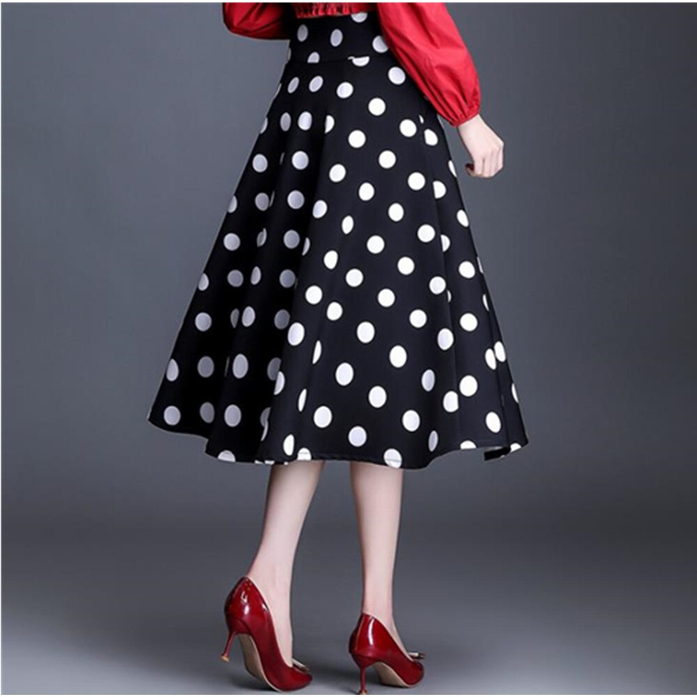 Vintage Polka Dot Long Women Spring Summer Korean A Line Midi High Waist Ladies Retro Skirt