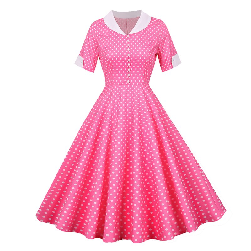 Button Front Polka Dot Vintage High Waist Elegant Dress Women V Neck Short Sleeve Casual Retro Swing Dresses