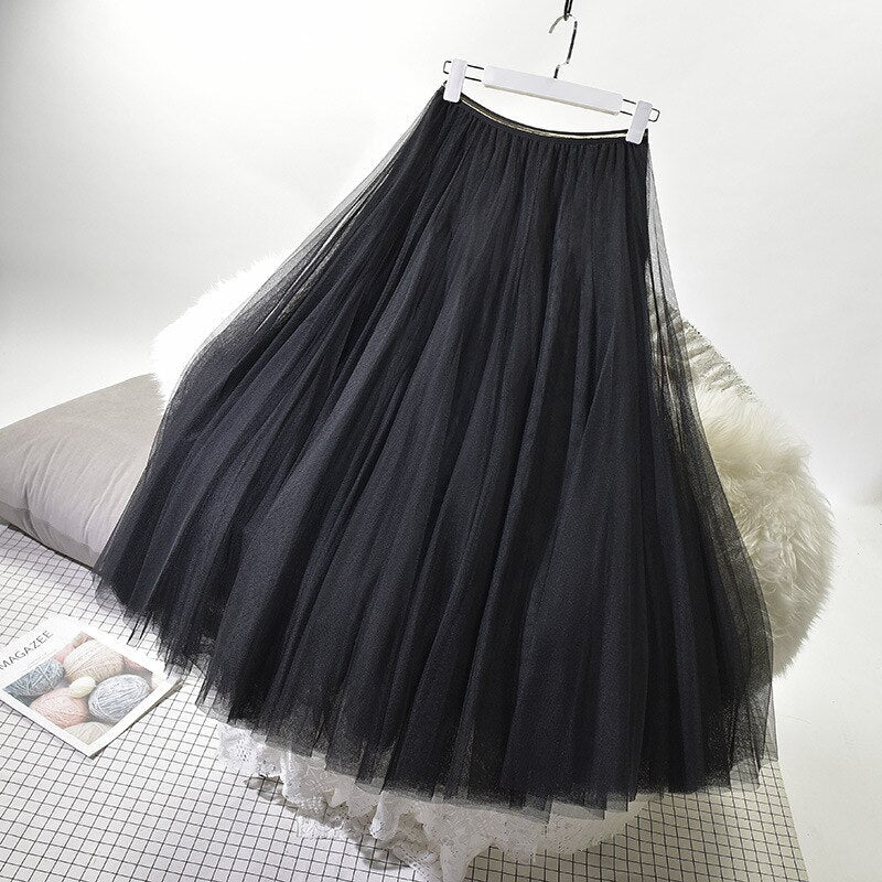 Woman Elastic High Waist Mesh Pleated Chic A-Line Long Skirt Streetwear