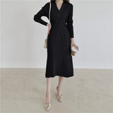 Cross V Neck Long Sleeve Knitted Dress Autumn Winter Solid Chic Elegant Sexy Midi Dress