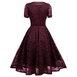 Elegant Lace Solid A Line Midi Cocktail Dress For Women Big Swing Short Sleeve Vintage Dresses Causal Party Dating Retro Robe