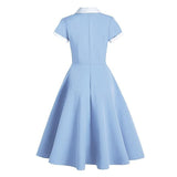 Light Blue Contrast Collar Button Up Short Sleeve Pockets High Waist Vintage Midi Swing Dress