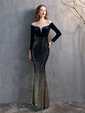 Velvet Sequins Elegant Mermaid Long Sleeve Cocktail Party Dresses Women Formal O-Neck Floor-Length Prom Vestidoes