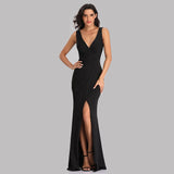 New Black Mermaid Evening Dress Gown Elegant Sexy V-neck Pleated Waist High Slit Taffta Banquet Dinner Prom Party Dress Vestidos