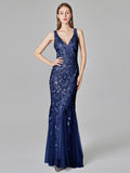 Silver Gray Elegant Evening Dresses Sexy V Collar Open Back Sleeveless Embroidered Beads Fishtail Dress Gown