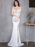 New Off-the-shoulder Elegant Slit Side Open Prom Formal Party Dress Spaghetti Straps Vestido