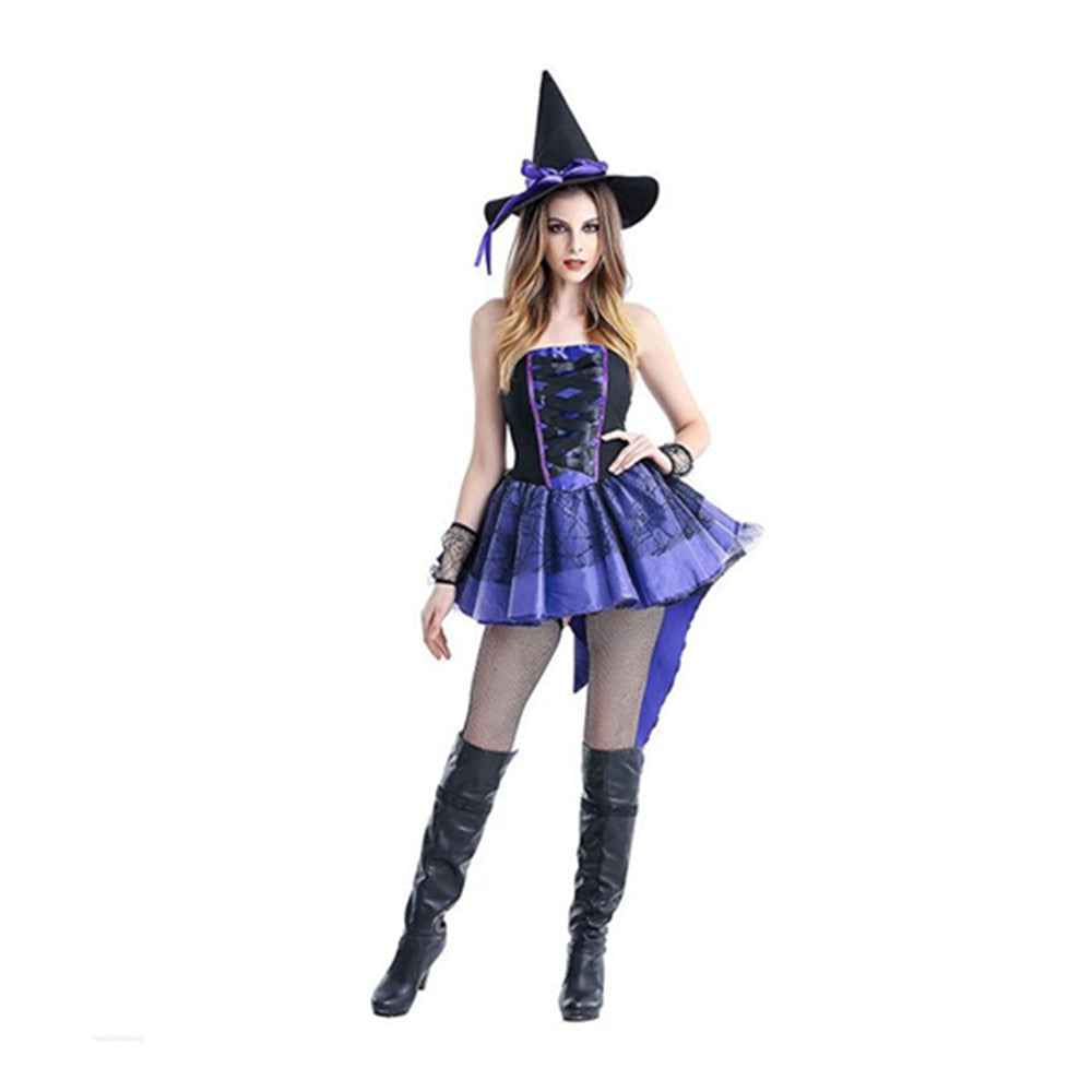 Halloween Witch Costume Women Sexy Swallow Tail Braces Dress With Black Witch Hat Carnival Party Costume