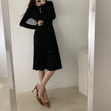 Elegant Office Lady Pleated Dress Crew Neck Long Sleeve Button Casual Knitted Midi Dress