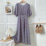 Elegant Waist Tie Vintage Floral Chiffon Midi Dress O-Neck Short Puff Sleeve Summer Dress