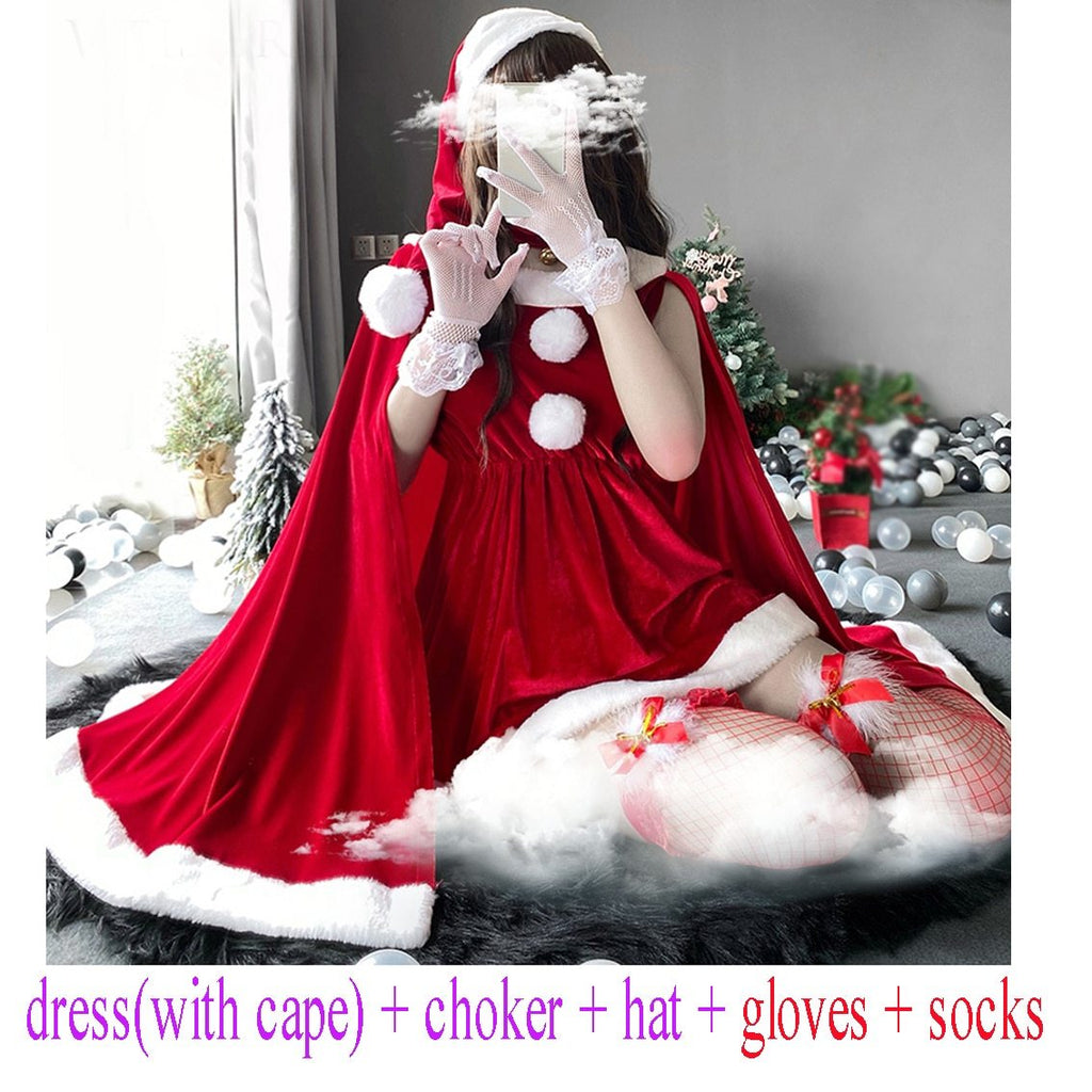 2021 Women Christmas Xmas Party Sexy Lady Santa Claus Cosplay Costume Lingeries Winter Red Dress with Cape Maid Uniform