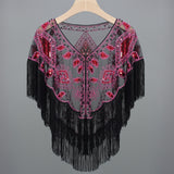 Women 1920s Sequined Shawl with Tassels Beaded Pearl Fringe Sheer Mesh Wraps Gatsby Flapper Bolero Cape Cover Up