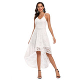 White Elegant High Low Hem Lace Spaghetti Strap V-Neck Sexy Women Party High Waist Slim Long Dress