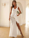 Side Split Sleeveless Formal Evening Dress Double V Neck Mermaid Women Party Gowns Tafftla Ruffle Floor Length Vestido