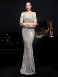Women Gold Sequin Party Dress Strap Maxi Dress Sexy V Neck Beading Evening Dress