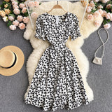 Leaf Floral Print Women Summer Short Puff Sleeve Casual Midi Dress Knee Length Square Neck Elegant Vintage Dress