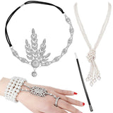 4pcs/set 1920s Flapper Accessories Set Rhinestone Headpiece Pearl Knot Necklace Bracelet with Cigarette Holder