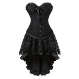 Women Sexy Floral Lace Overlay Corset Dress Victorian Vintage Overbust Corset Top With Gothic Asymmetrical High Low Skirt Set