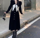French Black Velvet Midi Dress Women Korean Fashion Evening Party Dress Office Lady Bow Design Lace Vintage Dress 2021 Autumn