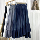 Mid Calf Asymmetrical Skirt Women Elastic High Waist A Line Casual Pleated Skirt