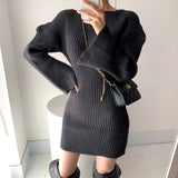 Fall Winter Elegant Warm Ribbed Knitted Bodycon Dress Round Neck Long Sleeve Solid Sexy Mini Dress