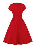 O-Neck Cut Out Ruched Bust Summer Party Dresses 50s Vintage Women Red Solid Color Cotton Elegant Midi Dress