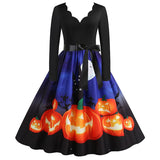 Tunic Midi Women Halloween Dress Autumn Winter Vintage Printed V-Neck Long Sleeve Swing Party Festival Sundress S~3XL Plus Size