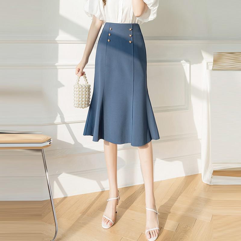 Office Lady Elegant Mermaid Skirts Fashion Korean Style Double Breasted Women A-line Long Skirt
