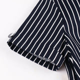 Navy Blue Button Front Striped Vintage Robe Cotton High Waist Elegant Pocket Pleated Midi Dress