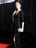 Half-Sleeve Evening Dress Sequinde Formal Dress Sexy V-neck Prom Gown Elegant High Split Evening Gowns Robe De Soriee