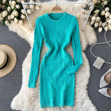 Autumn Winter Women Crew Neck Long Sleeve Warm Cable Knit Sweater Dress Destroyed Detail Sexy Bodycon Mini Dress
