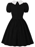 Black Kawaii Dress Tunic Midi Robe Femme Lace Collar Patchwork  High Waist 50s 60s Swing Pin Up Rockabilly Vintage Chic Dress