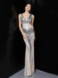 Mermaid Bright Sequin Long Evening Dress Party Etiquette Celebration Robe Dress Sleeveless V-neck Sexy Gowns