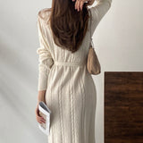 Elegant Autumn Winter Twisted Knitted Dress With Belt V Neck Long Sleeve Solid Casual Midi Dress