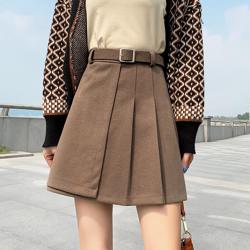 Ladies Elegant A-line Pleated Skirt Korean Style Vintage Woolen All-match Women Casual Mini Skirts With Belt