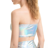 2 Pcs/Set Holographic Shiny Wet Look Strapless Crop Top Sexy Hot Panty Metallic Tube Top and Shorts