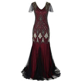 Formal Retro 1920s Sequin Evening Dress V-Neck Short Sleeve Mesh Bead Fishtail Skirt