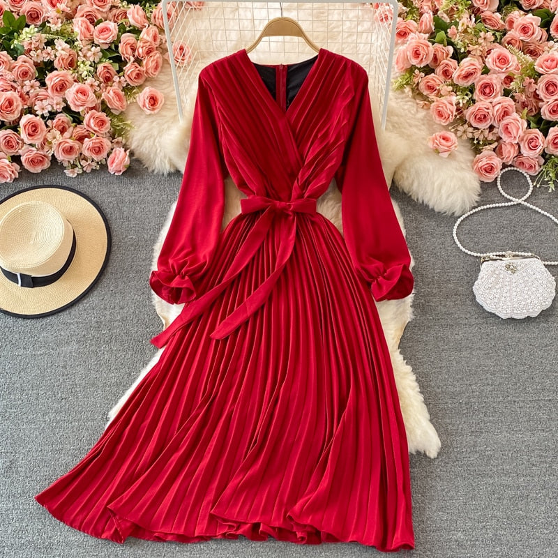 Party Elegant Vintage Midi Dress With Belt Autumn V Neck Long Sleeve Chic Office Pleated Dress