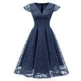 Ruched V Neck Wrap High Waist Vintage Lace Party Women Cap Sleeve Fit and Flare A Line Elegant Dress