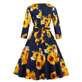 Navy Blue Floral Women High Waist Sleeve Robe Pin Up Swing Cotton Vintage Dress