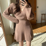 Winter Casual Sweater Dress Crossover V Neck Long Sleeve Knitted Short Mini Dress