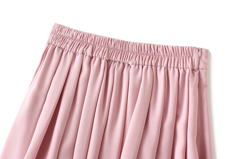 Women Summer A-Line Stretch High Waist Pink Pleated Summer Long Skirt